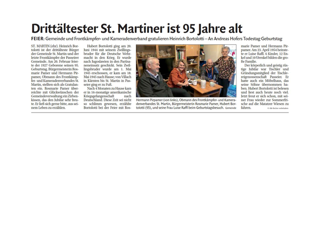 Dolomiten - Drittältester St. Martiner ist 95 Jahre alt