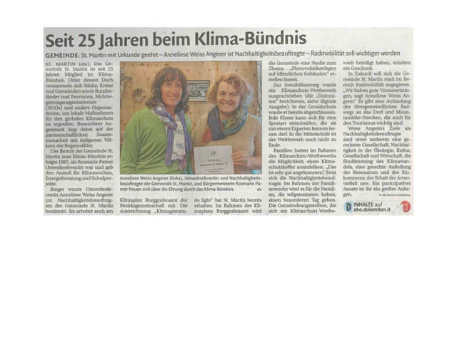 Dolomiten - Seit 25 Jahren beim Klima-Bündnis
