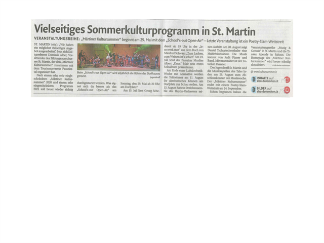 Dolomiten - Vielseitiges Sommerkulturprogramm in St. Martin