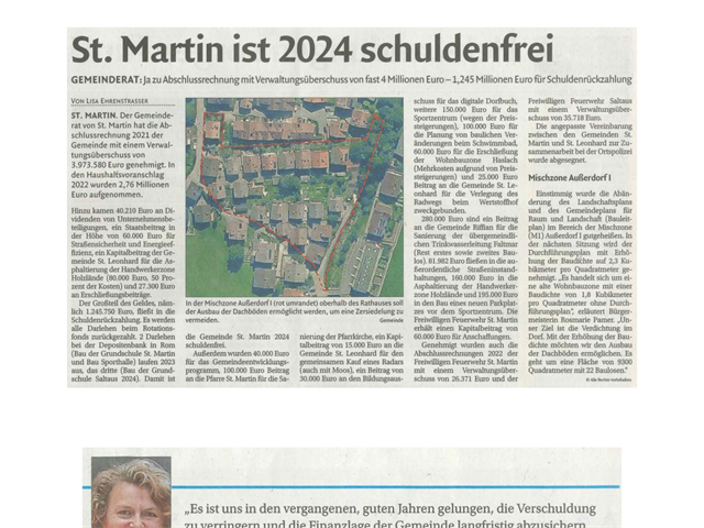 Dolomiten - St. Martin ist 2024 schuldenfrei