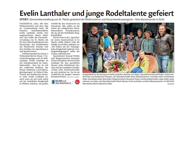 Dolomiten - Evelin Lanthaler und junge Rodeltalente gefeiert