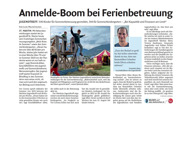 Dolomiten - Anmelde-Boom bei Ferienbetreuung