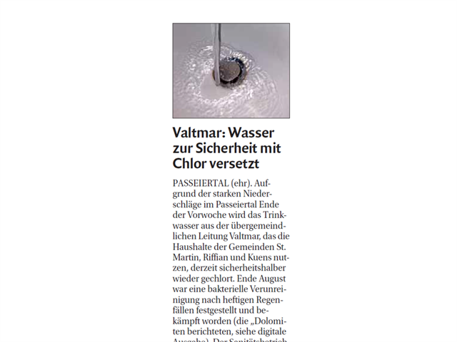 Dolomiten - Valtmar - Wasser zur Sicherheit mit Chlor versetzt