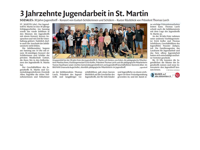 Dolomiten - 3 Jahrzehnte Jugendarbeit in St.Martin