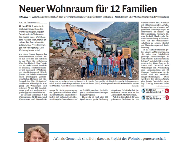 Dolomiten - Neuer Wohnraum für 12 Familien