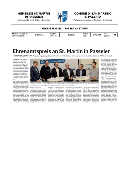 Dolomiten - Ehrenamtspreis an St. Martin in Passeier