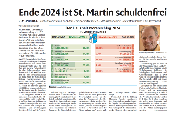 Dolomiten - Ende 2024 ist St. Martin schuldenfrei